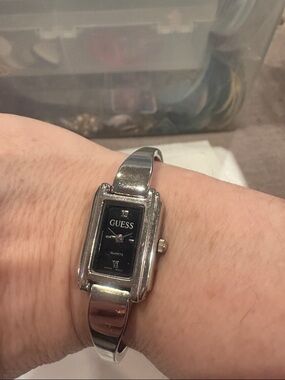 GUESS Silver Bangle Watch with Black Dial